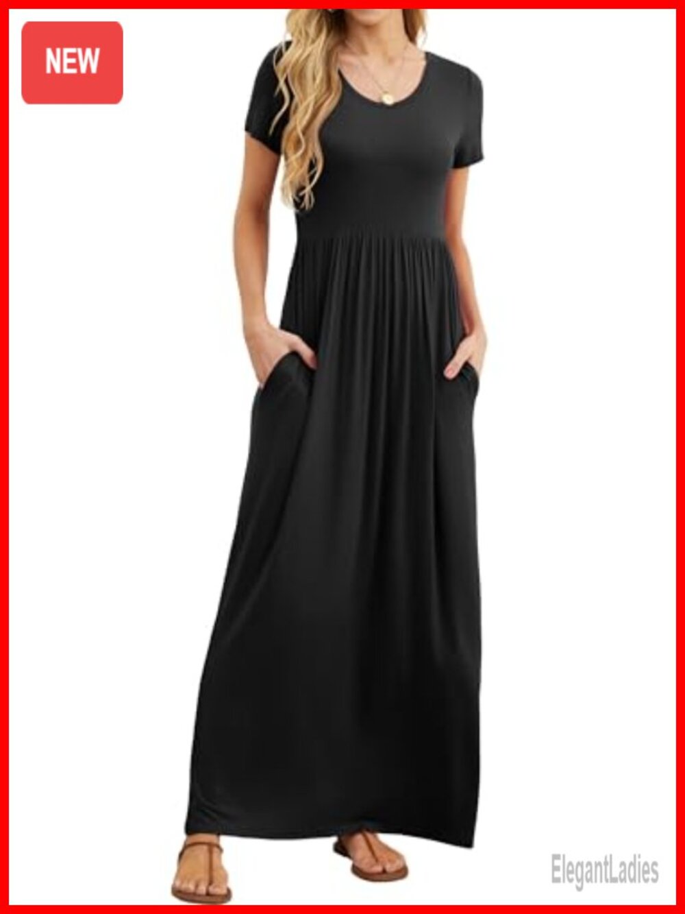 Women's Summer Maxi Dress Short Sleeve Crew Neck with Pockets